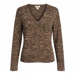 Women M TALBOT's Chunky Cardigan Sweater Brown Purple Colorful zipper Vtg